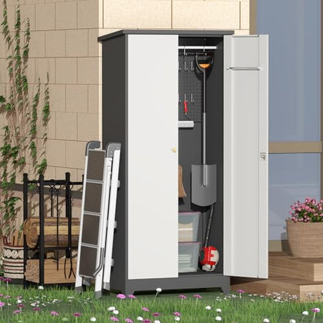 IRONFFICE Outdoor Storage Cabinet,Waterproof Outdoor Cabinet with Lockable Doors,Metal Garden Cabinet Storage Outdoor with with Sloping Roof for Garden,Patio,Lawn,Gray-Black IRONFFICE