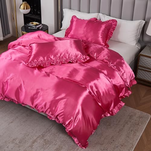 Silk Like Satin Bedding King Hot Pink Duvet Cover Set Soft Silky Ruffle Comforter Cover Sexy Hotel Silky Bedding Sets 1 Duvet Cover 2 Pillowcases (King, Hot Pink)… Bedding_Dreamer