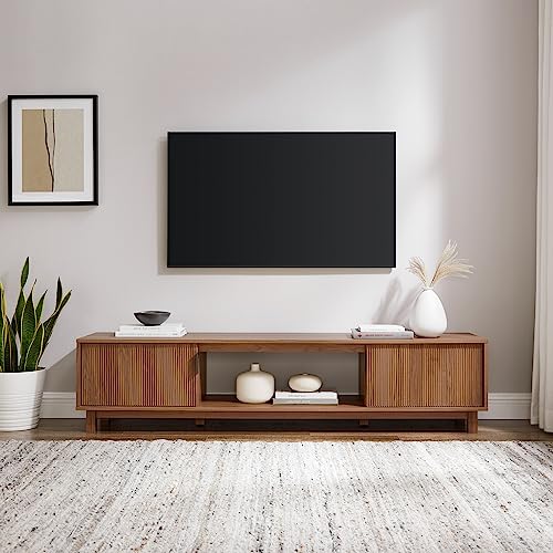 Walker Edison Walton Modern Fluted-Door Low Stand for TVs up to 80 Inches, 70 x 15.75 x 16 inches, Mocha - WoodArtSupply