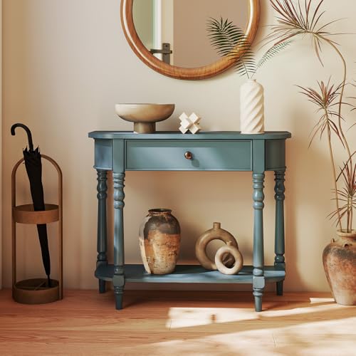 Giantex 2-Tier Console Table, 36" Retro Entryway Table with Storage Drawer & Elegant Legs, Narrow Wooden Sofa Table with Open Shelf for Living Room, Foyer, Hallway, Bedroom, Entrance (Blue) Giantex