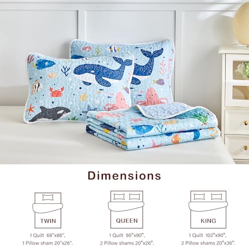 Joyreap 3 Pieces Full/Queen Size Cotton Quilt Set, World of The Sea Theme Ocean Blue Design, Cozy Lightweight Bedding Set Quilt Bedspread Bed Cover for for Kids Boys n Girls- 90x90 inches Joyreap