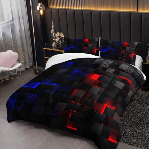 Nttopship Red and Blue Checkered Comforter Set Queen Honeycomb Bedding Sets 3PCS for Kids Teen Adult Boy Room Decor Ultra-Soft Lightweight Microfiber 1 Comforter with 2 Pillowcases Nttopship