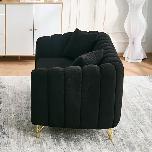 Black Cloud Couch for Living Room, 63.5" Modern Comfy Overstuffed Deep Seat Tufted Sofa with Gold Legs & Pillows, Plush Teddy Boucle Upholstered Curved Loveseat Settee with Round Arm (Black, 2 Seater) SLEERWAY