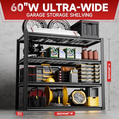 cynnda 4-Tier 60" W x 24" D x 60" H Garage Shelving Heavy Duty 2500LBS Garage Storage Rack Basement Warehouse Storage Shelves Units Adjustable Metal Shelf for Garages(Black) cynnda