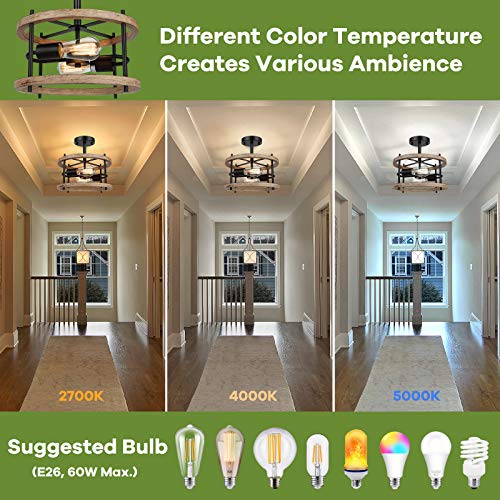 Lakumu 2-Light Retro Semi Flush Mount Ceiling Light Fixture, Rustic Vintage Wood Ceiling Light Black Metal, Industrial Farmhouse Ceiling Lamp for Hallway Entryway Bedroom Balcony Farmhouse Dining Room Lakumu