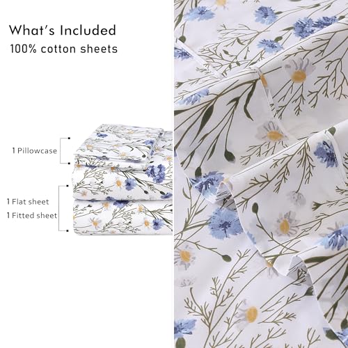 RUVANTI 100% Cotton Sheets – Twin Size Percale Bedding, Cooling & Breathable Floral Design, Durable with a Crisp, Soft & Comfortable Feel, 16" Deep Pocket, 3-Piece Set, Sweet Pea RUVANTI