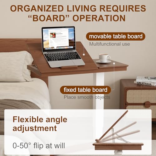 Muwuele Solid Wood Overbed Bedside Table with Wheels, Adjustable Medical Tilt Top Hospital Bed Table Over The Bed, Rolling Laptop Desk, Mobile Standing Desk for Hospital and Home Use (Walnut) Muwuele