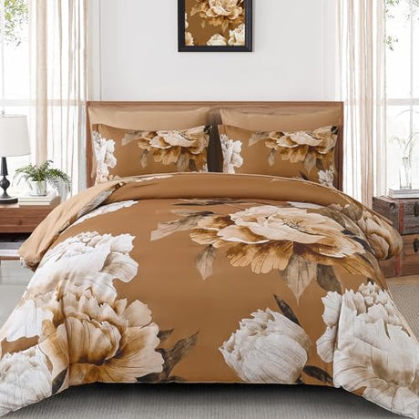 Dobuyly Brown Comforter Set Queen Size 7 Piece Bed in a Bag, Floral Printed on Brown Comforter Set with Sheets, Soft Microfiber Botanical Fall Complete Bedding Set for All Season Dobuyly
