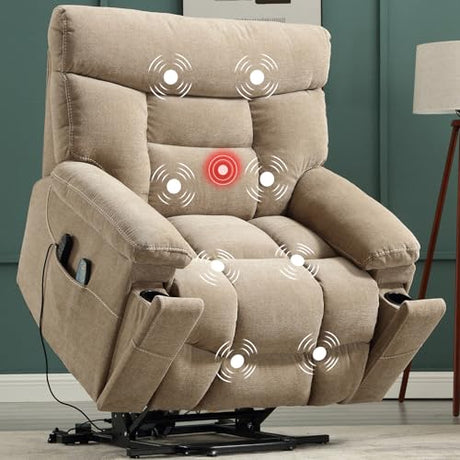 CANMOV Dual Motor Power Lift Recliner Chair for Elderly, 27" Extra-Wide Seat 450 lbs Weight Capacity Infinite Position Adjustment, with Heated Massage, Cup Holders and USB Port, Camel Fabric CANMOV