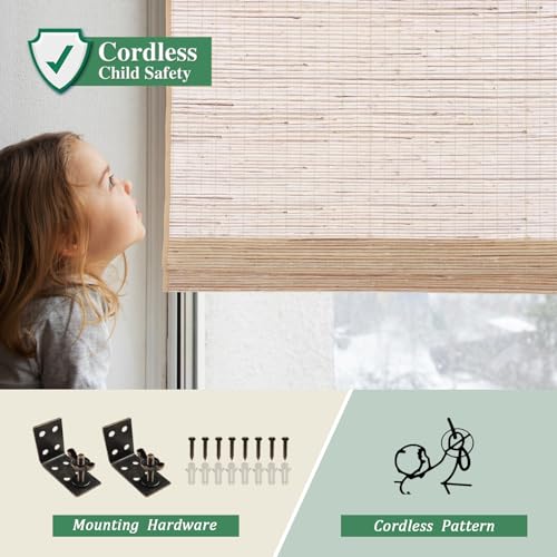 Yin Yang Cordless Blackout Bamboo Roman Shades, Natural Woven Wood Bamboo Shades with Border, Custom Indoor Privacy Lined Bamboo Roman Blinds for Windows, Doors, High Ladder - WoodArtSupply