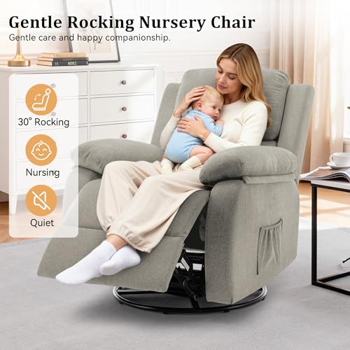 Korser Recliner Chair, 360 Swivel Rocker Chair for Adults, Small Rocking Recliner for Small Spaces, Upholstered Fabric Glider Recliner Nursery (Swivel Rocker Recliner, Light Khaki)