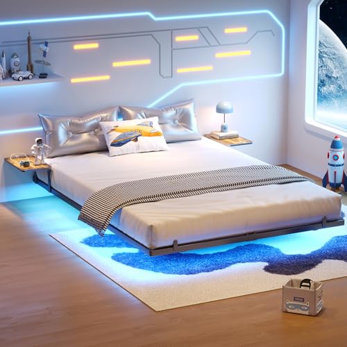 Bigu Floating Bed Frame King with Bedside Tables, Charging Station and LED Lights Metal Platform U.S. Standard, Black Bigu