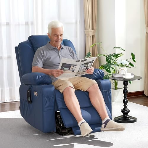 MCombo Electric Power Lift Recliner Chair Sofa with Massage and Heat for Elderly, 3 Positions, 2 Side Pockets, and Cup Holders, USB Ports, Faux Leather 7040 (Blue, Medium) MCombo