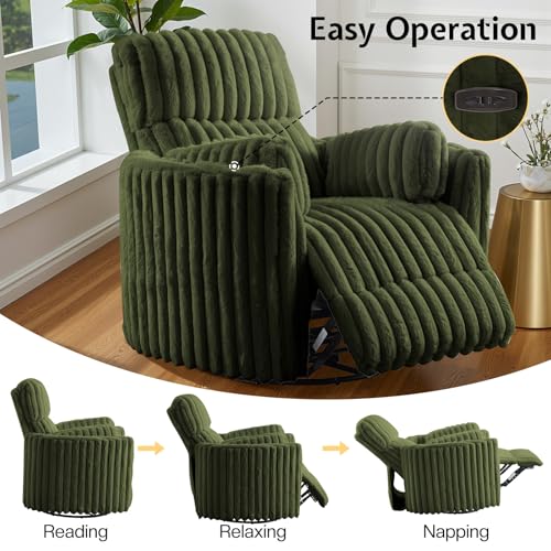 Jocisland Power Recliner Nursery Chair for Adults, Electric Swivel Rocking Glider with USB & Type-C, Soft Fabric Armchair with 2 Pillows, Cozy Reclining Sofa for Living Room, Bedroom, Green