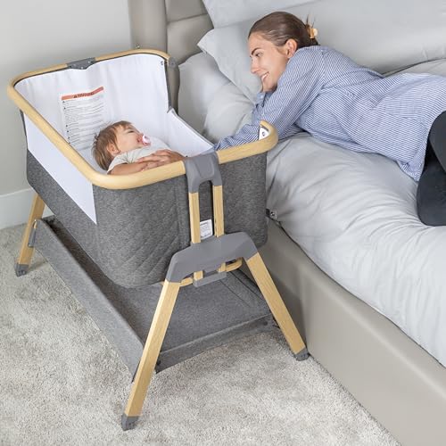 3 in 1 Baby Bassinet with Wheels, Portable Bedside Sleeper for Baby with 7 Adjustable Heights and Foam Mattress, Baby Bedside Crib for Newborns and Infants with Storage Basket, Carry Bag Incl - WoodArtSupply