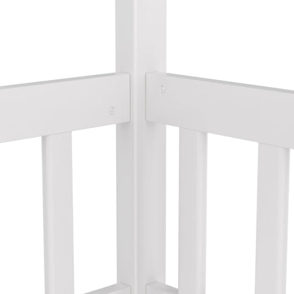 Twin Size Canopy Bed Frame with 4 Posters and Guardrails, Twin Size Montessori Floor Bed with High Fence, White Montessori Bed Twin Size