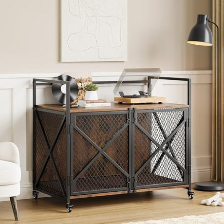 41'' Heavy Duty Dog Crate Furniture with Lockable Wheels, Decorative Wooden Dog Cage End Table, Double Door Indoor Pet Kennel with Cushion for Small, Medium & Large Dogs Up to 100 Lbs GAOMON