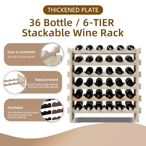 Modular Real Wood Wine Storage Racks - Stackable Free Standing Floor Wooden Wine Rack, Premium Wine Storage Rack Elegant Display and Organizing for Kitchen and Cellar 6 Tier 36 Bottles - WoodArtSupply