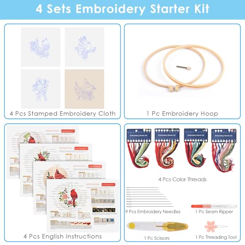 ERKOON 4 Sets Embroidery Kit, Animal Cross Stitch Set for Include Embroidery Cloth Hoops Threads for Craft Lover Hand Stitch (Cardinal)