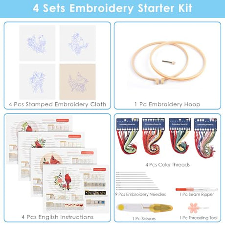 ERKOON 4 Sets Embroidery Kit, Animal Cross Stitch Set for Include Embroidery Cloth Hoops Threads for Craft Lover Hand Stitch (Cardinal) ERKOON
