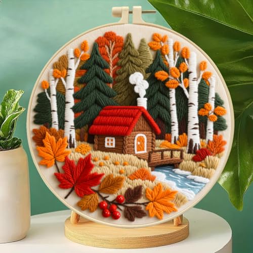 Zhenqing Autumn Forest Cabin Embroidery Kit for Beginners - Complete Set with Pre-Printed 29x29cm Cotton Fabric, Hoop, Threads & Tools(C0140)