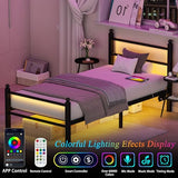Gohapnis Twin Bed Frames with Headboard and Footboard,Black Metal Platform Bed Frame with RGB LED Lights and USB Charging Station,Under Bed Storage,No Box Spring Needed,Suitable for Bedrooms Gohapnis