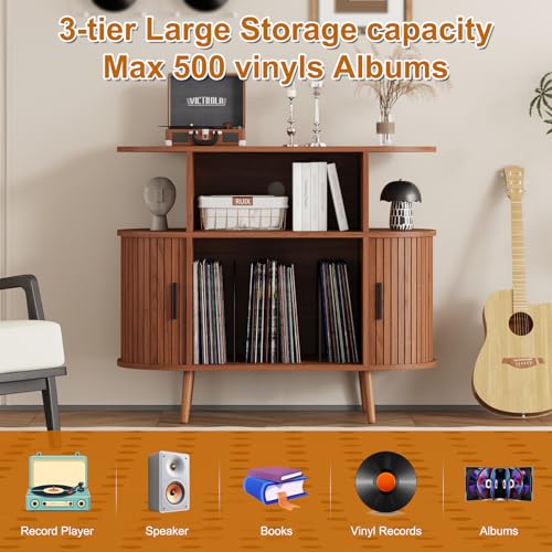 LSHUIZHU Mid Century Modern Record Player Stand with Storage - Large Round Vinyl Storage Cabinet Holds 150+ Records, Turntable Media Console with Fluted Display Shelf for Living Room Bedroom(Walnut) LSHUIZHU