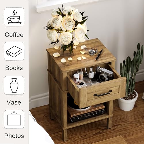 Farmhouse Nightstand with Drawer, Small Wood Bedside Table, Small Rustic Side Table, Modern End Table with Drawer, Wooden Walnut Brown Night Stand for Bedroom LET512DR YAUKTAK