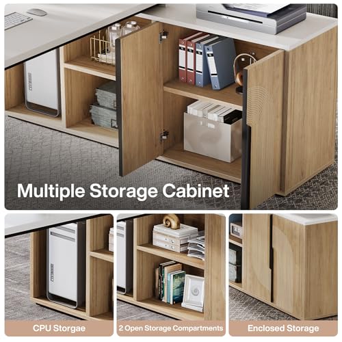 Tribesigns 74.8 Inch Executive Desk, Large Office Desk with Cabinet, L Shaped Computer Desk with Shelves and CPU Storage, Modern Home Office Desks Business Furniture Workstation Set, White and Wood Tribesigns