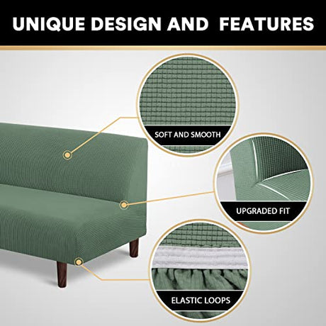 PrinceDeco Stretch Futon Slipcover Armless Futon Bed Cover Furniture Protector Without Armrests with Elastic Bottom for Kids, Soft Jacquard Fabric Small Checks, Machine Washable, Loden Frost PrinceDeco