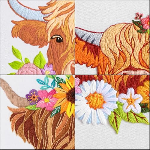 Louise Maelys 3 Sets Embroidery Kits for Beginners,Cross Stitch Kit for Adults,Starters DIY Needlepoint Including Hoop -Highland Cow and Florals Pattern