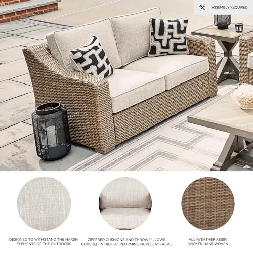 Signature Design by Ashley Beachcroft Casual Weather Resistant Resin Wicker Outdoor Loveseat with Cushion and 2 Accent Pillows, Dark Brown & Beige Signature Design by Ashley