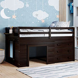Merax Twin Wooden Loft Bed，Wood Bedframe for Kids Teens， Adults Bedroom with Cabinet, Shelf, Stairs, Espresso Merax