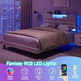 OURPIC Queen Bed Frame with Charging Station and LED Light, Upholstered Bed Frame Queen Size with Headboard, Wood Bedframe No Box Spring Needed, Easy Assembly, Beige OURPIC