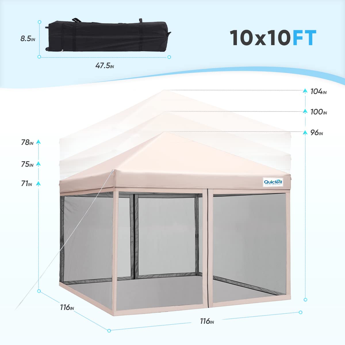 Quictent 10'x10' Pop up Canopy Tent with Mosquito Netting, Outdoor Ez up Screened Canopies Screen House Room Tent Portable, Fully Sealed, Waterproof & Wheeled Carry Bag Included (Tan) Quictent