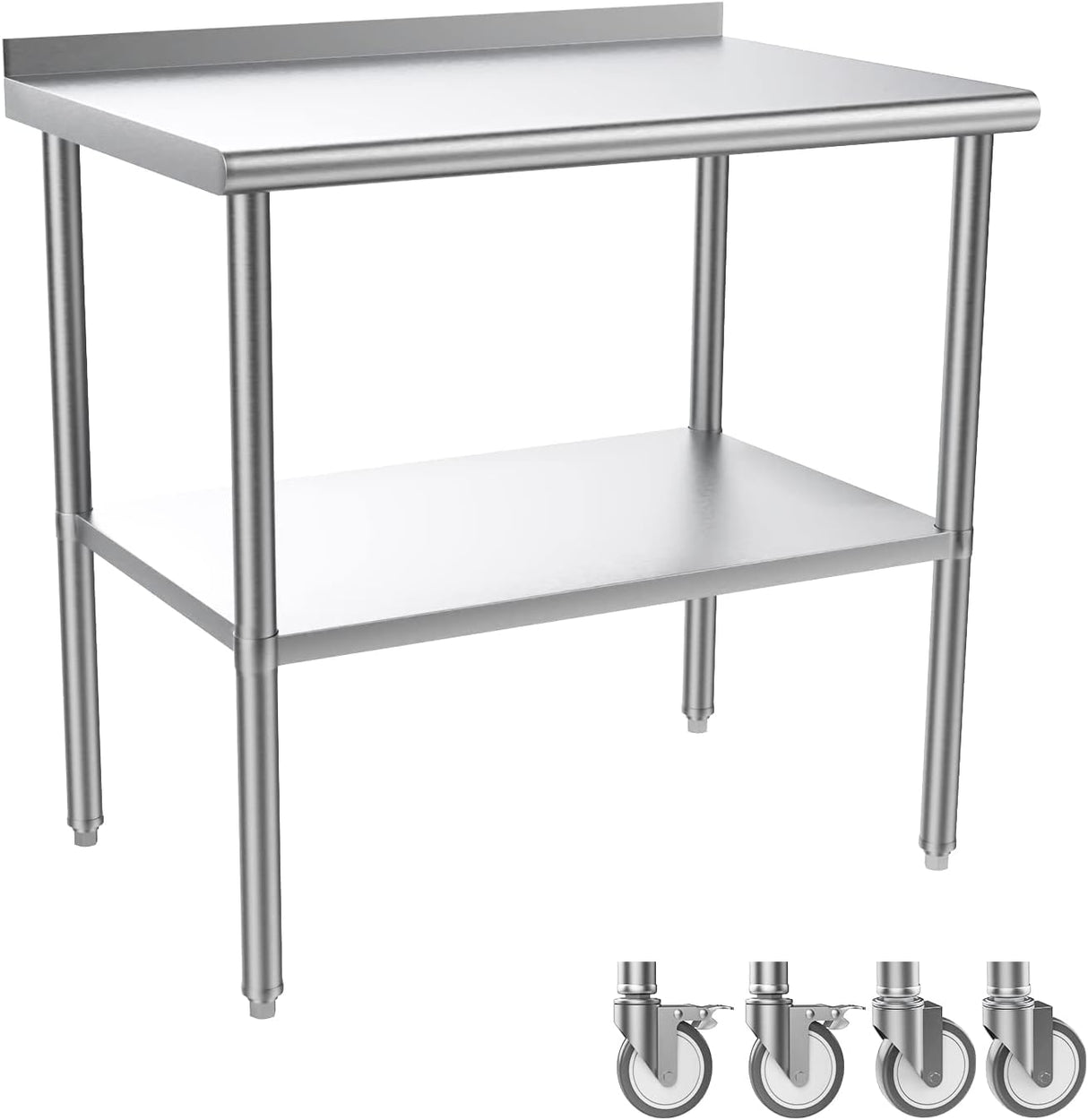 ROVSUN 36' x 24'' Stainless Steel Table for Prep & Work,Commercial Worktables & Workstations,Heavy Duty Metal Table with Wheels & Backsplash for Kitchen, Restaurant,Home ROVSUN