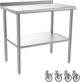 ROVSUN 36' x 24'' Stainless Steel Table for Prep & Work,Commercial Worktables & Workstations,Heavy Duty Metal Table with Wheels & Backsplash for Kitchen, Restaurant,Home ROVSUN