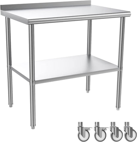 ROVSUN 36' x 24'' Stainless Steel Table for Prep & Work,Commercial Worktables & Workstations,Heavy Duty Metal Table with Wheels & Backsplash for Kitchen, Restaurant,Home ROVSUN