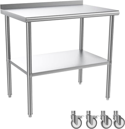 ROVSUN 36' x 24'' Stainless Steel Table for Prep & Work,Commercial Worktables & Workstations,Heavy Duty Metal Table with Wheels & Backsplash for Kitchen, Restaurant,Home