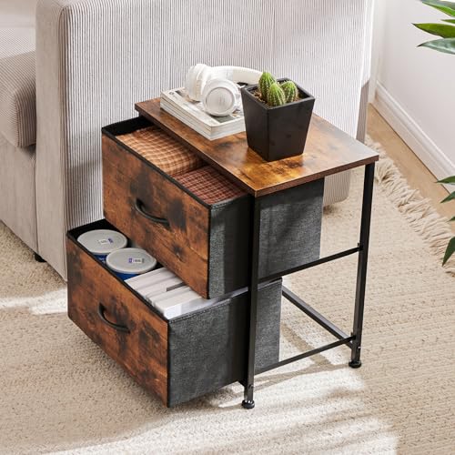 Sweetcrispy Nightstand with 2 Storage Drawers, 20" Height End Tabl Small Bed Side Furniture, Wooden Top Fabric Cabinet Kids Night Stand Mini Dresser for Bedroom, Closet, Entryway, College Dorm, Brown Sweetcrispy