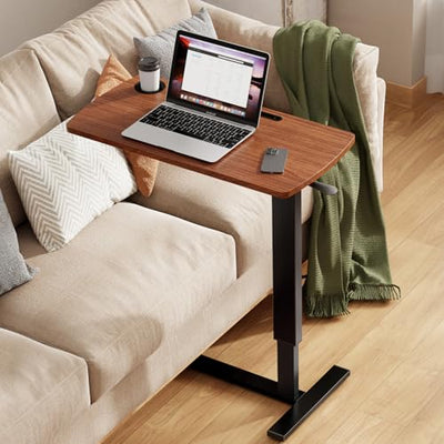 Hovadova Foldable Overbed Table with Wheels, Pneumatic Adjustable Overbed Bedside Table, Mobile Standing Desk, Hospital Bed Tables Over The Bed, Rolling Laptop Desk with Casters for Home Office