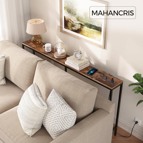 MAHANCRIS 63'' Skinny Console Table with Charging Station, Narrow Long Sofa Couch Table, Easy Assembly, Entryway Table for Living Room, Foyer, Hallway, Rustic Brown CTHR165E01Z1 MAHANCRIS