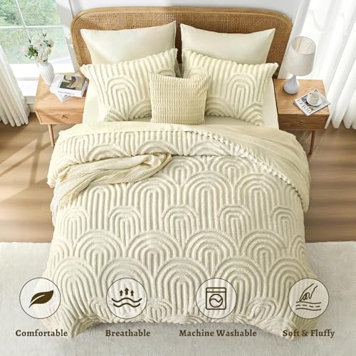 Nesker Boho Queen Comforter Set, 7 Pcs Tufted Beige Bedding Sets, Soft Cozy Chic Bed in a Bag, Arch Pattern Shabby Bed Set All Season with Comforter, Fitted Sheet, Flat Sheet & Pillowcases Nesker