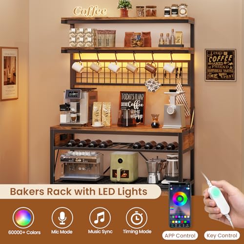 Itaar Bakers Rack with Storage and Power Outlet, 35.4 inch Coffee Bar Cabinet, Microwave Stand Kitchen Cabinet with Hutch, LED Lights, Wine Rack and Hooks, Rustic Brown