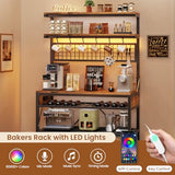 Itaar Bakers Rack with Storage and Power Outlet, 35.4 inch Coffee Bar Cabinet, Microwave Stand Kitchen Cabinet with Hutch, LED Lights, Wine Rack and Hooks, Rustic Brown