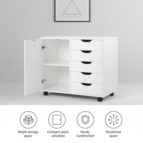 5-Drawer Dresser with 2-Shelf Cabinet, White, Smart Storage, Streamlined with Adjustable Dividers, Lockable Casters & Smooth Slides; Multi-Use Rolling Storage for Office, Craft Room, Bedroom Naomi Home
