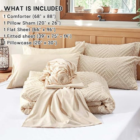Zzlpp Twin Comforter Set 5 Pieces, Beige Tufted Bed in a Bag with Comforter, Pillow Sham, Pillowcase, Flat Sheet, Fitted Sheet - All Season Boho Bedding Sets Zzlpp