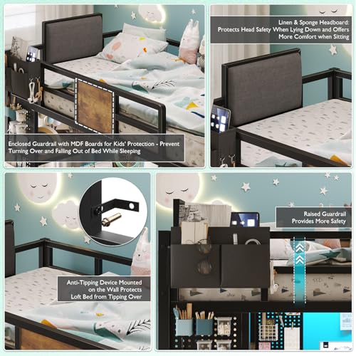 BYSAUD Loft Bed with Desk, Bunk Bed with Desk,Twin Loft Beds with L-Shaped Desk and Storage, loft Bed Twin Size with LED Lights & Charging Station, 5 Drawer&2 Pegboards, Safety Guard Ladder, Brown BYSAUD