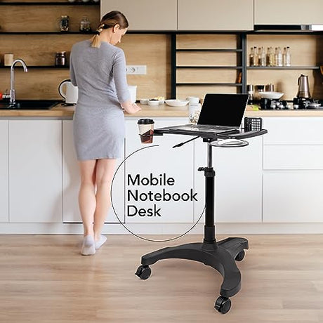 EHO Mobile Laptop Standing Desk Carts on Wheels with Stationery Storage, Pneumatic, Height Adjustable Rolling Stand, Sit to Stand Computer Cart, Workstation for Home, Office, Medical and School EHO