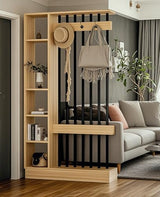 Wall Room Divider, Modern Freestanding Wood Room Divider Screen with Coat Rack Cabinet and Display Shelf for Home Office Decorative (Khaki,39.5" L x 11.8" W x 79" H) Kavie
